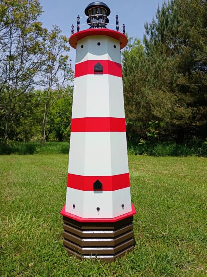 Lighthouse well pump cover with solar light decorative lawn and garden handmade outdoor ornament – 4 feet tall – red stripes