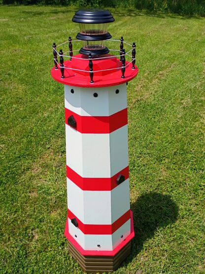 Lighthouse well pump cover with solar light decorative lawn and garden handmade outdoor ornament – 4 feet tall – red stripes - Image 2
