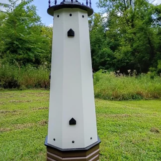 Lighthouse well pump cover with solar light decorative lawn and garden handmade outdoor ornament – 4 feet tall – Black accents
